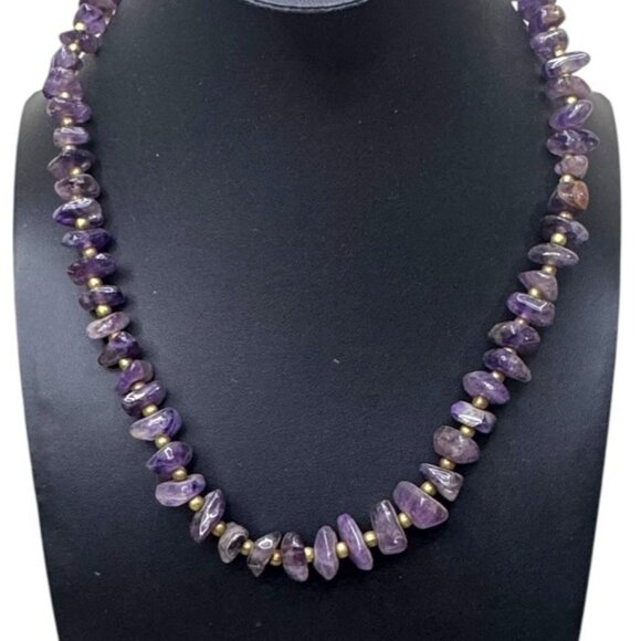 Vintage Amethyst & Brass Bead Necklace 17" Chunky Gemstone Purple Boho Chic - Picture 1 of 8